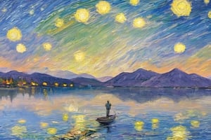 Starry Night Over the Rhone by Vincent William Van Gogh, lake, star, mountains across the lake, Angler, freedom, soul, digital illustration, approaching perfection, dynamic, highly detailed,  artstation, concept art, sharp focus, in the style of artist like Vincent William Van Gogh, artistic oil painting stick