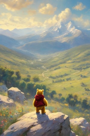 Many people stood on the ground and looked up into the sky, distant mountains, freedom, soul, digital illustration, approaching perfection, Pooh takes up a small part of the picture,dynamic, highly detailed, Renoir style, artstation, concept art, sharp focus, in the style of artist like  Renoir