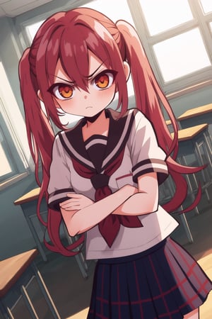 1girl,red hair,orange eyes,messy hair,twintails,slender,kawaii,ultra cute,ultra cute girl,serafuku,blue plaid skirt,angry,anger vein,crossed arms,dutch angle, dynamic pose,looking at viewer, classroom,indoors,day,sunbeam,small breasts,hanako-kun_style