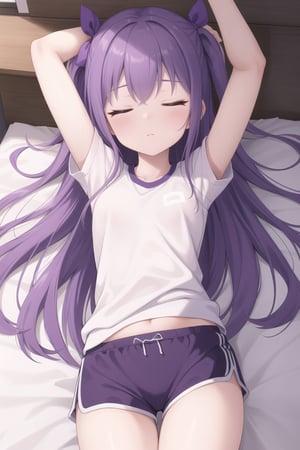 little girl,purple hair,closed eyes,parted bangs,two side up,forehead,hair bow,gym outfit,gym shorts,juice thighs,indoors, bed, bed room, on back, arm support, arms up, incoming hug, pov, reaching, reaching towards viewer, looking at viewer, dutch angle, cowboy shot,