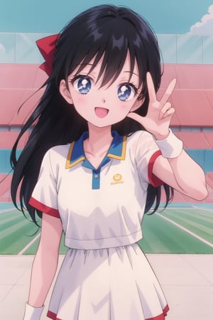 (masterpiece),1girl,solo,black hair hair,blue eyes,long hair,hair between eyes,sidelocks,hair bow,slender,small chest,tennis outfit,outdoors,stadium,:d,smile,cute pose,v sign,EPTakeuchiNaokoStyle,1990s \(style\), anime screencap, retro artstyle, anime coloring, traditional media