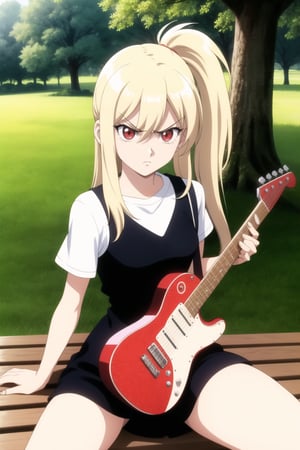 1girl,solo,blonde hair,red eyes,long hair,side ponytail, slender,small breasts,punk girl,angry,anger vein,playing on guitar,sitting,outdoors,park,bench,trees,grass, looking_at_viewer, cowboy shot, dutch angle,retro_artstyle,1990s (style)
