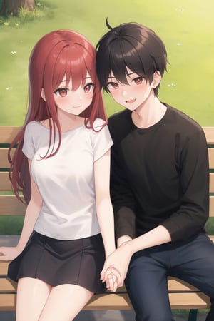 (1girl and 1boy, couple:1.2),smile,blush,red hair,black hair, sitting on bench in the park,holding hands,