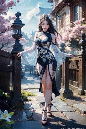 epic, intricate details, ultra realistic, Masterpiece, highest quality, ultra-detailed, 16K, high contrast, HDR, vibrant color, photorealistic:1.2, beautiful and aesthetic, ethereal, 1girl, Asian, full body, cinematic lighting, tall and slim body,  wearing beachwear , flowering hair, looking at the viewer, elegant, scenic, landscape, iconic, medieval ancient streets, forest.