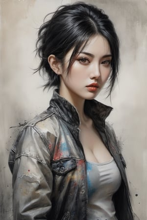 A Luis Royo inspired painting of a young alluring asian woman with short stylised black hair, sunglasses, crushing against a muted background with splashing paints, hand under the chin. She wears a distressed, multi-colored jacket, a laced-up top, low-waist short denim, and high-heeled boots. The woman's intense gaze is directed towards the viewer.