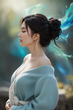full body view of a young chinese woman with hair in bun. She is in profile, with her eyes closed and a peaceful expression on her face. Her hair swirls around her, merging with the surrounding bright abstract splashes of color mostly blues, yellows, green, creating a dynamic, dreamy backdrop. She wears an off-the-shoulder coat that blends in with the surrounding artistic and painterly style of the environment. The light is soft, highlighting her delicate facial features and the details in her hair and clothing. The overall mood is peaceful and introspective, with a sense of movement and fluidity conveyed by the swirling colors and the natural flow of her hair. epic render, intricate detailed, high reso