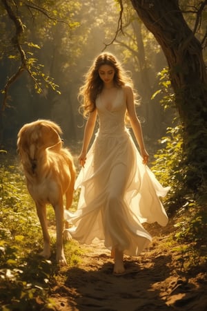 Fantasy concept art. Medium shot. A woman in a flowing white dress walks a wolf-like female creature in a lush forest. Low-angle shot. Vibrant oil painting with triadic colors. Golden accents on the wolf's fur shimmer in the light. Delicate, swirling patterns adorn the woman's dress. Soft, ethereal glow emanates from the forest floor. Warm, golden lighting with deep shadows. Best quality, 8k resolution, highly detailed, intricate, trending on Artstation, Unreal Engine 5, digital artwork, matte painting, fantastical, complementary colors, deep color, Kentetsu style, Japanese aesthetic, fantasy woman, femme fatale, wolf girl, fox lady, golden wolf.