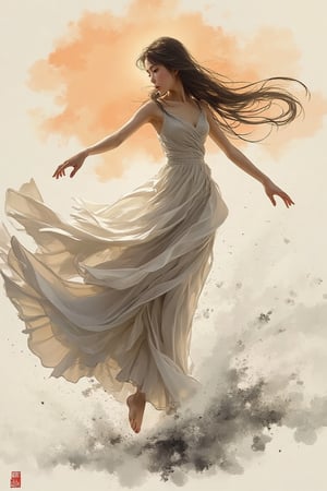 traditional Chinese ink painting, splash, smudge, thick character line, wild and chaotic brush strokes, neglected brush strokes, a beautiful chinese girl, The sea breeze blows away the long hair
Sunset kisses the shoulder
Tulle skirt billowing
Dreamlike solo dance.