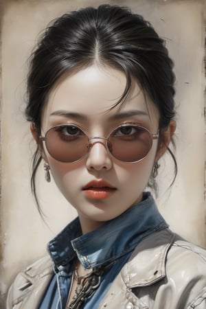 A Luis Royo inspired painting of a young alluring asian woman with short stylised black hair, sunglasses, crushing against a muted background with splashing paints, hand under the chin. She wears a distressed, multi-colored jacket, a laced-up top, low-waist short denim, and high-heeled boots. The woman's intense gaze is directed towards the viewer.