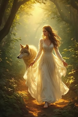 Fantasy concept art. Medium shot. A woman in a flowing white dress walks a wolf-like female creature in a lush forest. Low-angle shot. Vibrant oil painting with triadic colors. Golden accents on the wolf's fur shimmer in the light. Delicate, swirling patterns adorn the woman's dress. Soft, ethereal glow emanates from the forest floor. Warm, golden lighting with deep shadows. Best quality, 8k resolution, highly detailed, intricate, trending on Artstation, Unreal Engine 5, digital artwork, matte painting, fantastical, complementary colors, deep color, Kentetsu style, Japanese aesthetic, fantasy woman, femme fatale, wolf girl, fox lady, golden wolf.