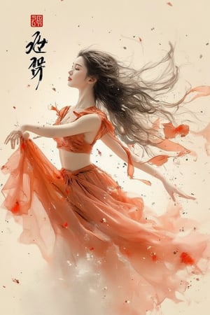 traditional Chinese ink painting, splash, smudge, thick character line, wild and chaotic brush strokes, neglected brush strokes, a beautiful girl, The sea breeze blows away the long hair
 Sunset kisses the shoulder
 tulle skirt billowing
 Dreamlike solo dance.