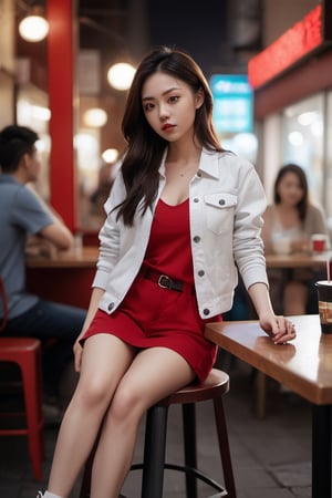 dynamic view of a beautiful young Chinese girl, shirt stylised hair, wearing an unbuttoned white jacket over a red tank top, a ripped short denim, pretty legs, convers sneackers, sitting comfortably at a table of a coffee shop, drinking fresh cocktail, an abstract of dystrophian city and silhouette of people.