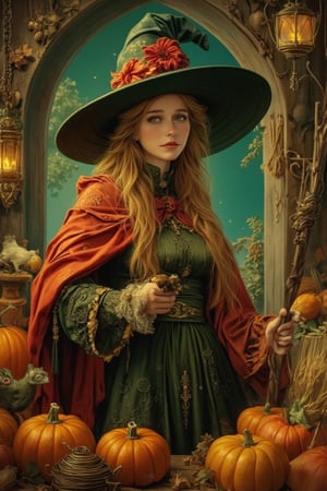 Oil painting. Medium shot. A beautiful female witch holding a broom and cat, surrounded by pumpkins and candles, in a cozy wizard's shop. Warm light. Whimsical brushstrokes of László Beszédes. Soft, golden tones and rich textures of Jean-Baptiste Monge's art style. Vibrant colors and intricate details of fantasy concept art. Complementary colors of emerald green and amber. Deep, mystical atmosphere with a hint of magic realism. 8k resolution, detailed matte painting, trending on Artstation. Unreal Engine 5 quality. Granny Weatherwax inspiration. Storybook illustration style. Fantastic and intricate.