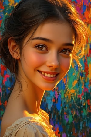 Expressive oil painting. Medium shot. A young girl with brown eyes and dark hair smiles warmly against an abstract colorful background. Medium shot. Impressionist style with textured brushstrokes. Soft, golden light dancing across her skin. Vibrant colors blending in the background. Deep, rich colors, high contrast, bold composition, intricate detail, 8k resolution, trending on Artstation, Unreal Engine 5, Art Nouveau, Gustav Klimt, abstract expressionism, complementary colors, warm color palette, golden hour lighting.