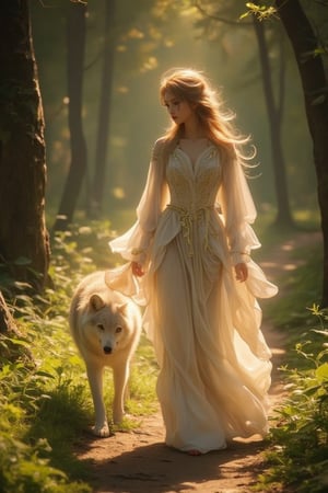 Fantasy concept art. Medium shot. A woman in a flowing white dress walks a wolf-like female creature in a lush forest. Low-angle shot. Vibrant oil painting with triadic colors. Golden accents on the wolf's fur shimmer in the light. Delicate, swirling patterns adorn the woman's dress. Soft, ethereal glow emanates from the forest floor. Warm, golden lighting with deep shadows. Best quality, 8k resolution, highly detailed, intricate, trending on Artstation, Unreal Engine 5, digital artwork, matte painting, fantastical, complementary colors, deep color, Kentetsu style, Japanese aesthetic, fantasy woman, femme fatale, wolf girl, fox lady, golden wolf.