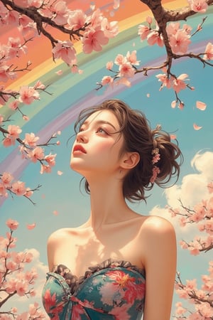 A traditional Chinese colour ink painting, splash , smudge, thick character line, neglected and chaotic brush strokes, Shungan,  Ukiyo-e style, Full body View, A beautiful girl in a colorful tube tank, looks up at the rainbow sky with sakura falling on her backhand. Vibrant concept art style with intricate detail and complementary colors, reminiscent of Asian ink color paintings and classic Chinese art. Soft, gentle petals. Warm, golden lighting with subtle lens flare. Deep color palette with pastel hues and soft gradients. Unreal Engine 5, best quality, a masterpiece, fantasy illustration, splash screen, colorful, beautiful, detailed.