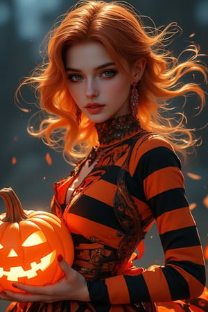 Detailed matte painting. Full body side shot. Beautiful woman in vibrant orange and black striped Halloween costume, striking features, holding a glowing pumpkin, pumpkin patch design on her shirt, with bright orange hair flowing in the wind. Glowing warm light spilling from the pumpkin, casting intricate shadows on her face and costume. Deep blues and purples in the background, complementary to the orange and black, creating a fantastical atmosphere. Fantasy concept art style, reminiscent of Ash Thorp and Simon Stalenhag. Best quality, 8k resolution, trending on Artstation, Unreal Engine 5 level of detail. Intricate textures, detailed fabrics, and accessories. Vibrant colors, bold brushstrokes, and atmospheric lighting.