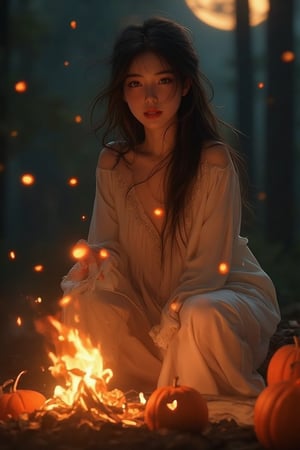 Fantasy concept art. Medium shot. Sweet asian female in thin satin lace nightwear warming herself by the campfire with jack-o-lantern and pumpkins. Low-angle shot. Vibrant, cinematic, detailed matte painting. Soft, golden firelight dancing across her face. Warm, comforting glow of the campfire on her hands. Bright, full moon shining down through the trees, casting dappled shadows. Perfect, high-contrast, 8K resolution, crystal clear, sensual and attractive. Masterpiece of photography, trending on Artstation, Unreal Engine 5. Complementary colors, deep, rich tones. Intricate, fantastical detail. Sensual, attractive, warm, comforting, cinematic, fantastical.