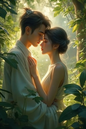 Washed watercolour Painting. Close-up portrait. Young Chinese lovers embracing in a lush green forest. Low-angle shot. Fantasy concept art style with intricate details. Soft, warm light filtering through leaves. Gentle mist rolling over the forest floor. Deep blues and greens contrasting with warm golden tones. Masterpiece quality, 8k resolution, Artstation trending, Unreal Engine 5, detailed matte painting, deep color, fantastical, intricate detail, complementary colors, blended figures, serene atmosphere.