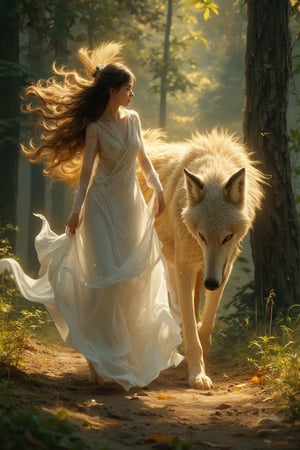 Fantasy concept art. Medium shot. A woman in a flowing white dress walks a drgon-like creature in a lush forest. Low-angle shot. Vibrant oil painting with triadic colors. Golden accents on the wolf's fur shimmer in the light. Delicate, swirling patterns adorn the woman's dress. Soft, ethereal glow emanates from the forest floor. Warm, golden lighting with deep shadows. Best quality, 8k resolution, highly detailed, intricate, trending on Artstation, Unreal Engine 5, digital artwork, matte painting, fantastical, complementary colors, deep color, Kentetsu style, Japanese aesthetic, fantasy woman, femme fatale, wolf girl, fox lady, golden dragon.