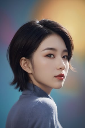 A highly detailed illustration of a young chinese woman with short stylised hair. She is in profile, with her eyes closed and a peaceful expression on her face, merging with the surrounding bright abstract splashes of color mostly blues, yellows, and lilas 
,  creating a dynamic, dreamy backdrop. She wears an off-the-shoulder coat that blends in with the surrounding artistic and painterly style of the environment. The light is soft, highlighting her delicate facial features and the details in her hair and clothing. The overall mood is peaceful and introspective, with a sense of movement and fluidity conveyed by the swirling colors and the natural flow of her hair.epic realistic, intricate details. master piece.
