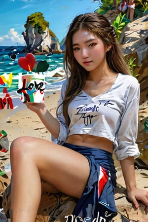 fast freehand sketch, neglected, messe and chaotic lines, a young chinese girl, pretty face, braided long hair, sitting on the big rock, holding a cup of coffee, with text "LOVE" on the cup, wearing  loincloth and  shirt knotted at the midriff, a beautiful beach can be seen as a background with people around.