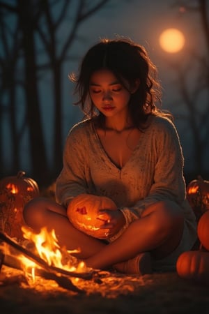 Fantasy concept art. Medium shot. Sweet asian female warming herself by the campfire with jack-o-lantern and pumpkins. Low-angle shot. Vibrant, cinematic, detailed matte painting. Soft, golden firelight dancing across her face. Warm, comforting glow of the campfire on her hands. Bright, full moon shining down through the trees, casting dappled shadows. Perfect, high-contrast, 8K resolution, crystal clear, sensual and attractive. Masterpiece of photography, trending on Artstation, Unreal Engine 5. Complementary colors, deep, rich tones. Intricate, fantastical detail. Sensual, attractive, warm, comforting, cinematic, fantastical.