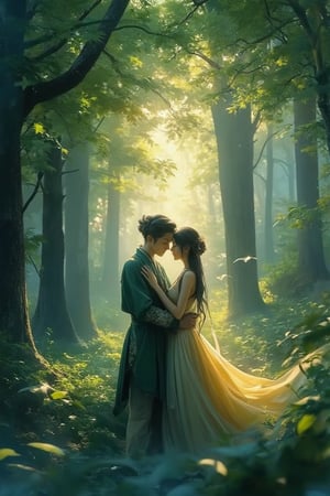 Washed watercolour Painting. Close-up portrait. Young Chinese lovers embracing in a lush green forest. Low-angle shot. Fantasy concept art style with intricate details. Soft, warm light filtering through leaves. Gentle mist rolling over the forest floor. Deep blues and greens contrasting with warm golden tones. Masterpiece quality, 8k resolution, Artstation trending, Unreal Engine 5, detailed matte painting, deep color, fantastical, intricate detail, complementary colors, blended figures, serene atmosphere.