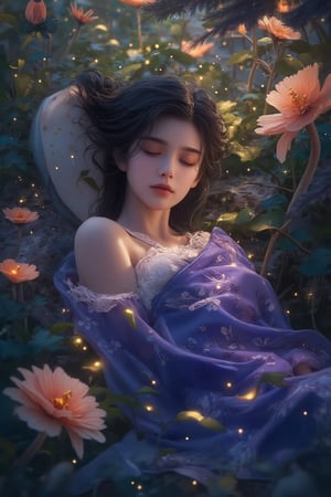 Fantasy concept art. Medium shot. A serene Asian girl wearing lace string, sleeps in a tranquil forest, surrounded by vibrant foliage. Warm sunlight filters through the leaves. Dreamy, ethereal atmosphere with soft, feathery textures. Gentle, glowing mushrooms and fireflies dance around her. Deep blues and purples contrast with warm golden light. Detailed, intricate patterns on her traditional clothing. Soft focus, shallow depth of field. Best quality, 8k resolution, Unreal Engine 5 style. Trending on Artstation. Matte painting. Deep color. Complementary color. Serene atmosphere.