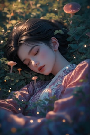 Fantasy concept art. Medium shot. A serene Asian girl sleeps in a tranquil forest, surrounded by vibrant foliage. Warm sunlight filters through the leaves. Dreamy, ethereal atmosphere with soft, feathery textures. Gentle, glowing mushrooms and fireflies dance around her. Deep blues and purples contrast with warm golden light. Detailed, intricate patterns on her traditional clothing. Soft focus, shallow depth of field. Best quality, 8k resolution, Unreal Engine 5 style. Trending on Artstation. Matte painting. Deep color. Complementary colors. Fantasy landscape. Serene atmosphere.