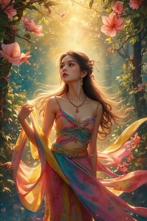 Detailed matte painting. A mixed styles of Klimt, Mucha and Ukiyo-e, full body View, A beautiful Cambodian girl in a colorful  traditional tube tank and sarong with traditional khmer patterns, long hair adorned with jewelleries, looks up at the rainbow sky with Jasmin rain falling on her backhand. Vibrant fantasy concept art style with intricate detail and complementary colors, reminiscent of Asian watercolor paintings and classic Chinese art. Soft, gentle petals and delicate fabric folds. Warm, golden lighting with subtle lens flare. Deep color palette with pastel hues and soft gradients. 8k resolution, trending on Artstation, Unreal Engine 5, best quality, a masterpiece, fantasy illustration, splash screen, colorful, beautiful, detailed.