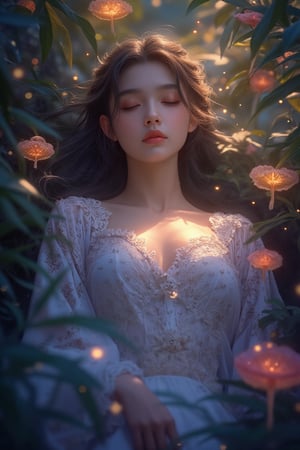 Fantasy concept art. Medium shot. A serene Asian girl wearing lace string, sleeps in a tranquil forest, surrounded by vibrant foliage. Warm sunlight filters through the leaves. Dreamy, ethereal atmosphere with soft, feathery textures. Gentle, glowing mushrooms and fireflies dance around her. Deep blues and purples contrast with warm golden light. Detailed, intricate patterns on her traditional clothing. Soft focus, shallow depth of field. Best quality, 8k resolution, Unreal Engine 5 style. Trending on Artstation. Matte painting. Deep color. Complementary color. Serene atmosphere.