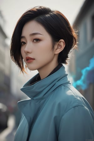 A highly detailed illustration full body view of a young chinese woman with short stylised hair. She is in profile, with her eyes closed and a peaceful expression on her face, merging with the surrounding bright abstract splashes of color mostly blues, yellows, and lilas 
,  creating a dynamic, dreamy backdrop. She wears an off-the-shoulder coat that blends in with the surrounding artistic and painterly style of the environment. The light is soft, highlighting her delicate facial features and the details in her hair and clothing. The overall mood is peaceful and introspective, with a sense of movement and fluidity conveyed by the swirling colors and the natural flow of her hair.epic realistic, intricate details. master piece.
