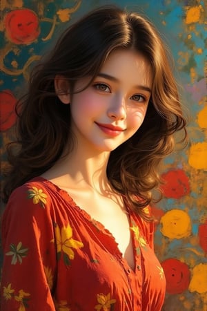 Expressive oil painting. Medium shot. A young girl with brown eyes and dark hair smiles warmly against an abstract colorful background. Medium shot. Impressionist style with textured brushstrokes. Soft, golden light dancing across her skin. Vibrant colors blending in the background. Deep, rich colors, high contrast, bold composition, intricate detail, 8k resolution, trending on Artstation, Unreal Engine 5, Art Nouveau, Gustav Klimt, abstract expressionism, complementary colors, warm color palette, golden hour lighting.