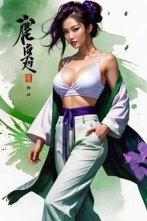 ancient freehand chinese calligraphy, line character, neglected and chaotic lines, splash ink,  smudge ink, dynamic strokes, an asian lady, full body, cinematic lighting, tall and slim body,  wearing unbuttoned white jacket over a lilas off-shoulders tank top, low-waist large casual pant, handbag, green ribbon, flowering hair, looking at the viewer, elegant, scenic, landscape, iconic, ancient Chinese streets, forest.