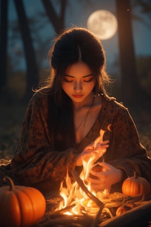 Fantasy concept art. Medium shot. Sweet asian female warming herself by the campfire with jack-o-lantern and pumpkins. Low-angle shot. Vibrant, cinematic, detailed matte painting. Soft, golden firelight dancing across her face. Warm, comforting glow of the campfire on her hands. Bright, full moon shining down through the trees, casting dappled shadows. Perfect, high-contrast, 8K resolution, crystal clear, sensual and attractive. Masterpiece of photography, trending on Artstation, Unreal Engine 5. Complementary colors, deep, rich tones. Intricate, fantastical detail. Sensual, attractive, warm, comforting, cinematic, fantastical.