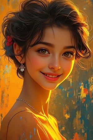 Expressive oil painting. Medium shot. A young girl with brown eyes and dark hair smiles warmly against an abstract colorful background. Medium shot. Impressionist style with textured brushstrokes. Soft, golden light dancing across her skin. Vibrant colors blending in the background. Deep, rich colors, high contrast, bold composition, intricate detail, 8k resolution, trending on Artstation, Unreal Engine 5, Art Nouveau, Gustav Klimt, abstract expressionism, complementary colors, warm color palette, golden hour lighting.