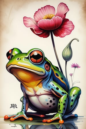 traditional Chinese abstract colours ink painting, character line effect, colours ink, thick ink splash lines, pen tip splash effect, ink smudge effect, casual, neglected and wild painting style, a whimsical image of a chupi frog standing next to a giant-sized poppie flower.