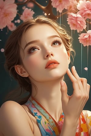 Detailed matte painting. A mixed styles of Klimt, Mucha and Ukiyo-e, full body View, A beautiful girl in a colorful hanfu halter top looks up at the rainbow sky with sakura rain falling on her fingertips. Close up. Vibrant fantasy concept art style with intricate detail and complementary colors, reminiscent of Asian watercolor paintings and classic Chinese art. Soft, gentle petals and delicate fabric folds. Warm, golden lighting with subtle lens flare. Deep color palette with pastel hues and soft gradients. 8k resolution, trending on Artstation, Unreal Engine 5, best quality, a masterpiece, fantasy illustration, splash screen, colorful, beautiful, detailed.