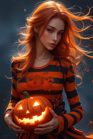 Detailed matte painting. Full body side shot. Beautiful woman in vibrant orange and black striped Halloween costume, striking features, holding a glowing pumpkin, pumpkin patch design on her shirt, with bright orange hair flowing in the wind. Glowing warm light spilling from the pumpkin, casting intricate shadows on her face and costume. Deep blues and purples in the background, complementary to the orange and black, creating a fantastical atmosphere. Fantasy concept art style, reminiscent of Ash Thorp and Simon Stalenhag. Best quality, 8k resolution, trending on Artstation, Unreal Engine 5 level of detail. Intricate textures, detailed fabrics, and accessories. Vibrant colors, bold brushstrokes, and atmospheric lighting.