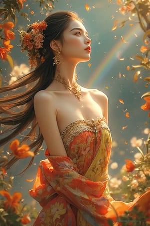 Detailed matte painting. A mixed styles of Klimt, Mucha and Ukiyo-e, full body View, A beautiful Cambodian girl in a colorful  traditional tube tank and sarong with traditional khmer patterns, long hair adorned with jewelleries, looks up at the rainbow sky with Jasmin rain falling on her backhand. Vibrant fantasy concept art style with intricate detail and complementary colors, reminiscent of Asian watercolor paintings and classic Chinese art. Soft, gentle petals and delicate fabric folds. Warm, golden lighting with subtle lens flare. Deep color palette with pastel hues and soft gradients. 8k resolution, trending on Artstation, Unreal Engine 5, best quality, a masterpiece, fantasy illustration, splash screen, colorful, beautiful, detailed.