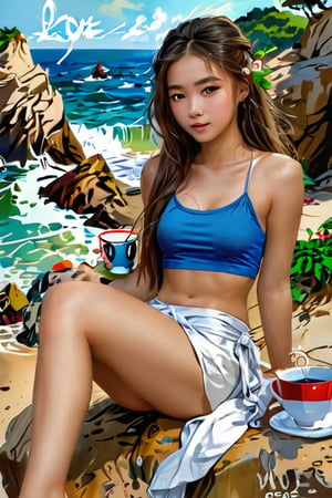 fast freehand sketch, neglected, messe and chaotic lines, a young chinese girl, pretty face, braided long hair, sitting on the big rock, holding a cup of coffee, with text "LOVE" on the cup, wearing  loincloth and  shirt knotted at the midriff, a beautiful beach can be seen as a background with people around.
