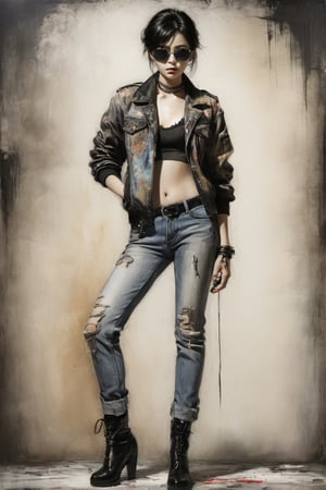 A Luis Royo inspired painting full body View of a young alluring asian woman with short stylised black hair, sunglasses, leaning against a muted background with splashing paints, hand under the chin. She wears a distressed, multi-colored jacket, a laced-up top, low-waist short denim, and high-heeled boots. The woman's intense gaze is directed towards the viewer.