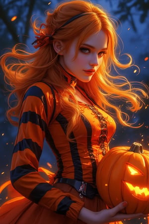 Detailed matte painting. Full body side shot. Beautiful woman in vibrant orange and black striped Halloween costume, striking features, holding a glowing pumpkin, pumpkin patch design on her shirt, with bright orange hair flowing in the wind. Glowing warm light spilling from the pumpkin, casting intricate shadows on her face and costume. Deep blues and purples in the background, complementary to the orange and black, creating a fantastical atmosphere. Fantasy concept art style, reminiscent of Ash Thorp and Simon Stalenhag. Best quality, 8k resolution, trending on Artstation, Unreal Engine 5 level of detail. Intricate textures, detailed fabrics, and accessories. Vibrant colors, bold brushstrokes, and atmospheric lighting.