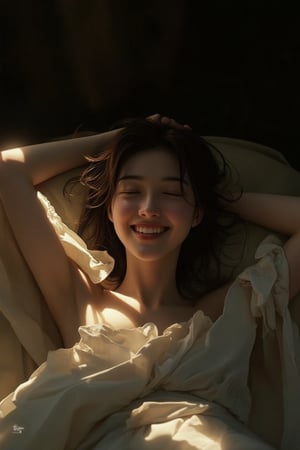 Detailed matte painting. an Asian woman in a bellyband and large oversized linen pant, lies on her back on a bed, raising her arms, a happily facial expression. High-angle shot. Low-key fantasy concept art with deep, rich colors and intricate details. Her brown hair is randomly styled, and her eyes are half closed. The dark, black background contrasts with her skin tone. Soft, warm light falls on her face, accentuating her features. Complementary colors, 8k resolution, trending on Artstation, best quality, masterpiece, ultra-high definition, cinematic, dramatic lighting, mysterious atmosphere.