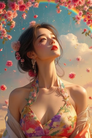 Detailed matte painting. A mixed styles of Klimt, Mucha and Ukiyo-e, full body View, A beautiful girl in a colorful hanfu halter top looks up at the rainbow sky with sakura rain falling on her fingertips. Close up. Vibrant fantasy concept art style with intricate detail and complementary colors, reminiscent of Asian watercolor paintings and classic Chinese art. Soft, gentle petals and delicate fabric folds. Warm, golden lighting with subtle lens flare. Deep color palette with pastel hues and soft gradients. 8k resolution, trending on Artstation, Unreal Engine 5, best quality, a masterpiece, fantasy illustration, splash screen, colorful, beautiful, detailed.