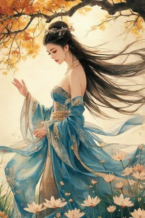 Traditional Chinese watercolor painting. Medium shot. A beautiful Chinese woman with long black hair adorned with ancient jewelleries, wearing halter top hanfu, dancing on a daisy garden near an old tree. Soft focus. Dreamy, ethereal art style reminiscent of Qi Baishi and Wu Guanzhong. Expressive, bold brushstrokes with visible texture. Soft, diffused lighting with warm, golden hues. Vibrant, complementary colors with deep blues and greens. Detailed, intricate patterns on ancient jewelleries and traditional clothing. Fantastical, whimsical atmosphere with subtle, splashed ink effects. Best quality, 8k resolution, trending on Artstation.