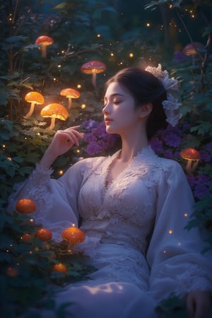 Fantasy concept art. Medium shot. A serene Asian girl wearing lace string, sleeps in a tranquil forest, surrounded by vibrant foliage. Warm sunlight filters through the leaves. Dreamy, ethereal atmosphere with soft, feathery textures. Gentle, glowing mushrooms and fireflies dance around her. Deep blues and purples contrast with warm golden light. Detailed, intricate patterns on her traditional clothing. Soft focus, shallow depth of field. Best quality, 8k resolution, Unreal Engine 5 style. Trending on Artstation. Matte painting. Deep color. Complementary color. Serene atmosphere.