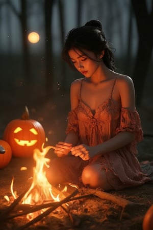 Fantasy concept art. Medium shot. Sweet asian female in thin satin lace nightwear warming herself by the campfire with jack-o-lantern and pumpkins. Low-angle shot. Vibrant, cinematic, detailed matte painting. Soft, golden firelight dancing across her face. Warm, comforting glow of the campfire on her hands. Bright, full moon shining down through the trees, casting dappled shadows. Perfect, high-contrast, 8K resolution, crystal clear, sensual and attractive. Masterpiece of photography, trending on Artstation, Unreal Engine 5. Complementary colors, deep, rich tones. Intricate, fantastical detail. Sensual, attractive, warm, comforting, cinematic, fantastical.