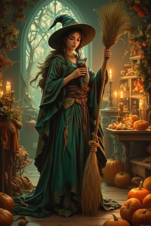 Oil painting. Medium shot. A beautiful female witch holding a broom and cat, surrounded by pumpkins and candles, in a cozy wizard's shop. Warm light. Whimsical brushstrokes of László Beszédes. Soft, golden tones and rich textures of Jean-Baptiste Monge's art style. Vibrant colors and intricate details of fantasy concept art. Complementary colors of emerald green and amber. Deep, mystical atmosphere with a hint of magic realism. 8k resolution, detailed matte painting, trending on Artstation. Unreal Engine 5 quality. Granny Weatherwax inspiration. Storybook illustration style. Fantastic and intricate.